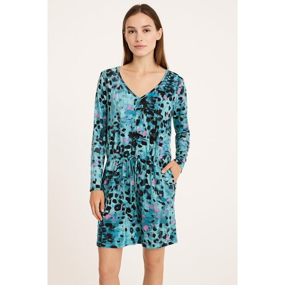 LOGO Lori Goldstein SZ L Aqua Watercolor V-neck Drawstring Mini-Dress-Pockets - Picture 1 of 8